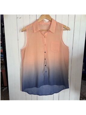 E & M Sleeveless Blouse Peach Blue Ombre Semi-Sheer Size L